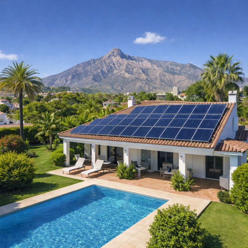 Solar panel installation on a luxury villa in Marbella with La Concha mountain in the background